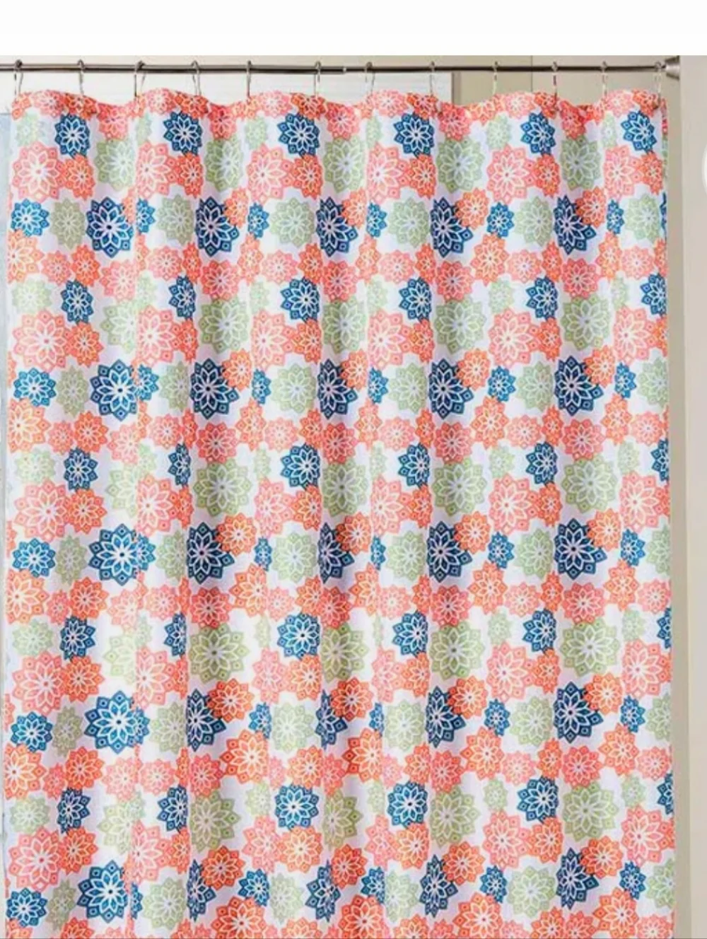 2pc Shower Curtain Floral Medallion in Coral, Navy & Sage With Metal Hooks New